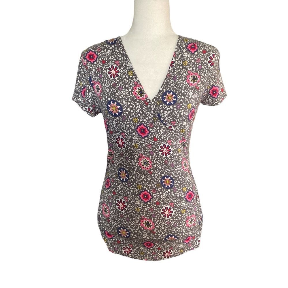 Boden Gray Floral Medallion Print Ruched Side Faux Surplus Wrap Top Size 10